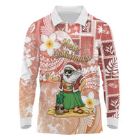 Hawaii Mele Kalikimaka Long Sleeve Polo Shirt Hula Santa Retro Style Red - Polynesian Pride