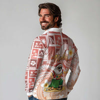 Hawaii Mele Kalikimaka Long Sleeve Polo Shirt Hula Santa Retro Style Red - Polynesian Pride