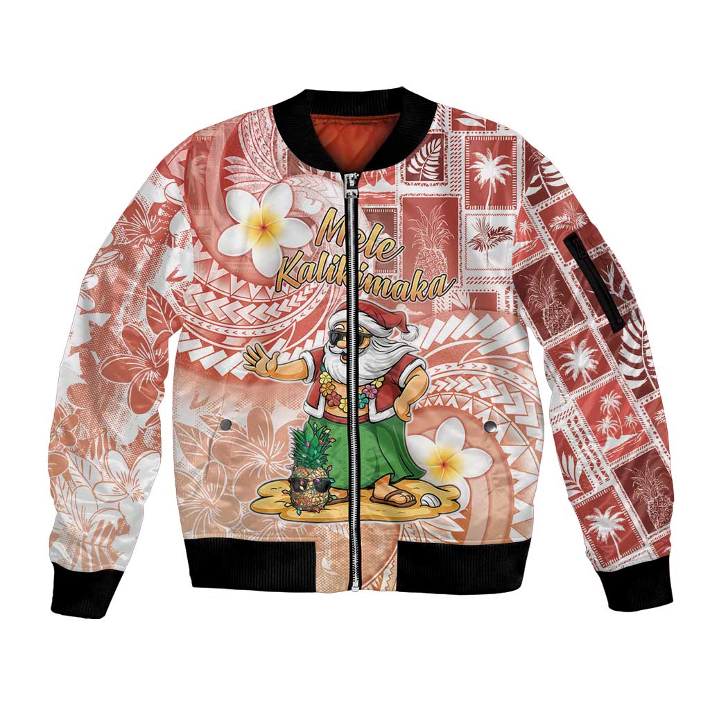 Hawaii Mele Kalikimaka Sleeve Zip Bomber Jacket Hula Santa Retro Style Red - Polynesian Pride