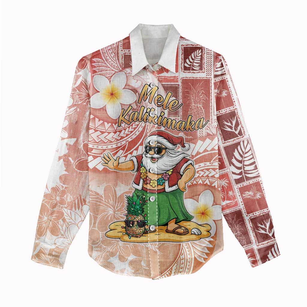 Hawaii Mele Kalikimaka Women Casual Shirt Hula Santa Retro Style Red - Polynesian Pride