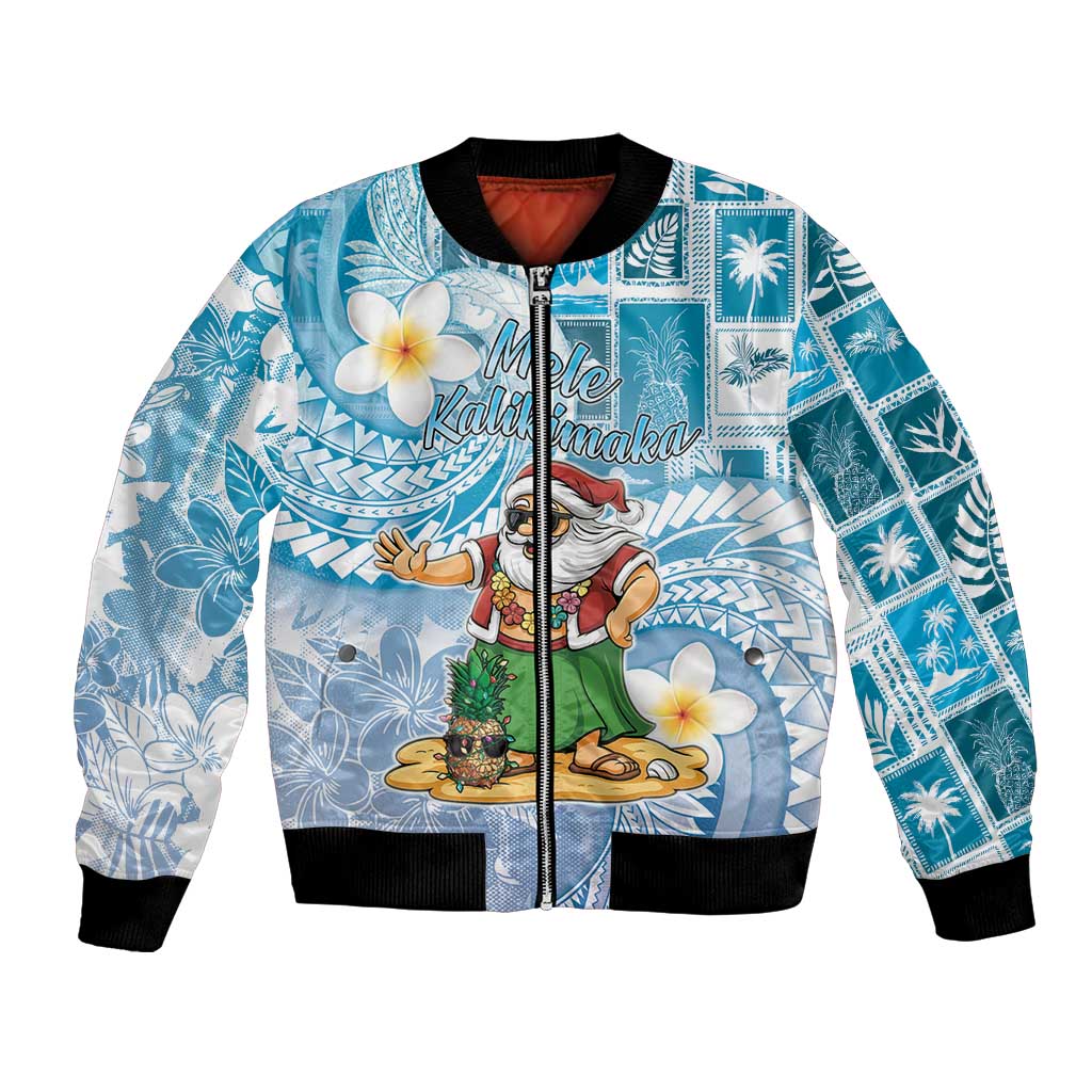 Hawaii Mele Kalikimaka Bomber Jacket Hula Santa Retro Style Blue - Polynesian Pride