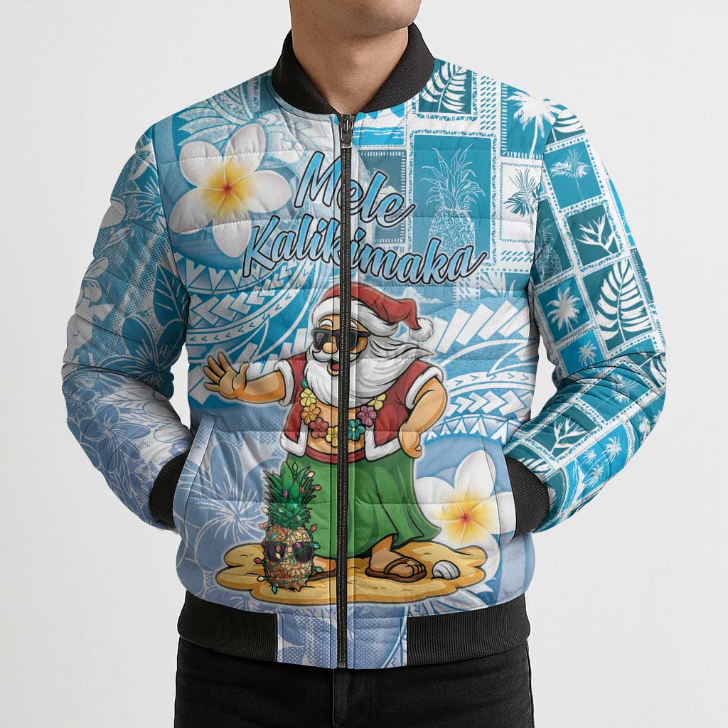Hawaii Mele Kalikimaka Bomber Puffer Jacket Hula Santa Retro Style Blue - Polynesian Pride