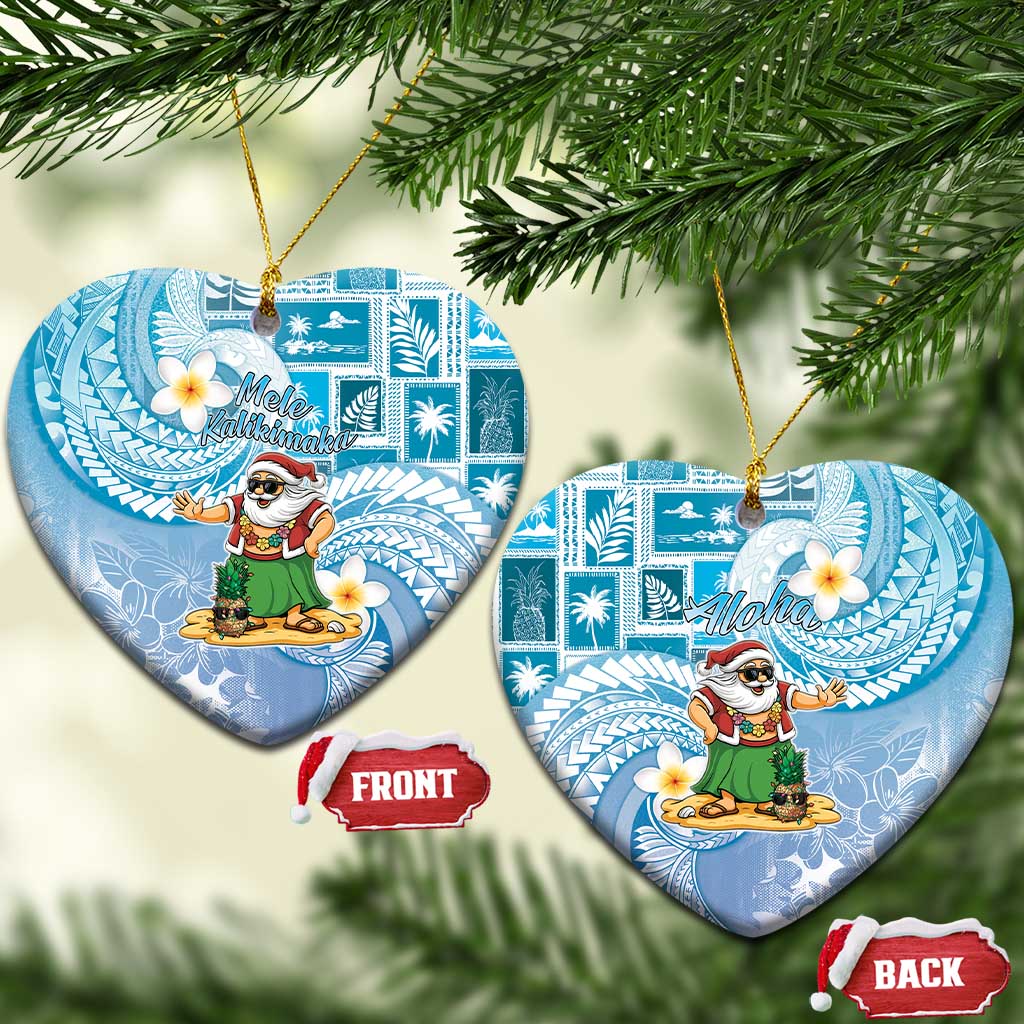 Hawaii Mele Kalikimaka Ceramic Ornament Hula Santa Retro Style Blue - Polynesian Pride