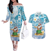 Hawaii Mele Kalikimaka Couples Matching Off The Shoulder Long Sleeve Dress and Hawaiian Shirt Hula Santa Retro Style Blue - Polynesian Pride