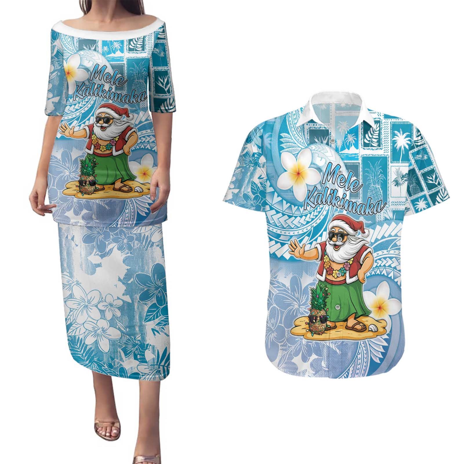 Hawaii Mele Kalikimaka Couples Matching Puletasi and Hawaiian Shirt Hula Santa Retro Style Blue - Polynesian Pride