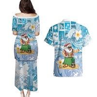 Hawaii Mele Kalikimaka Couples Matching Puletasi and Hawaiian Shirt Hula Santa Retro Style Blue - Polynesian Pride