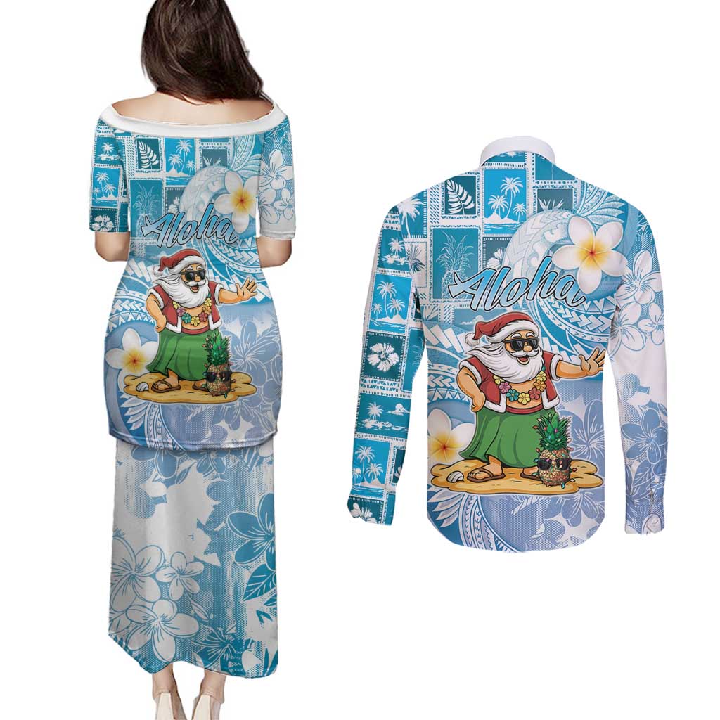 Hawaii Mele Kalikimaka Couples Matching Puletasi and Long Sleeve Button Shirt Hula Santa Retro Style Blue - Polynesian Pride