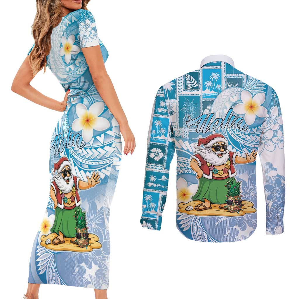 Hawaii Mele Kalikimaka Couples Matching Short Sleeve Bodycon Dress and Long Sleeve Button Shirt Hula Santa Retro Style Blue - Polynesian Pride