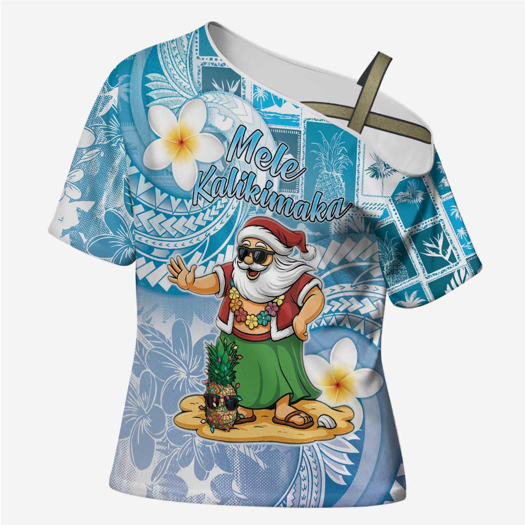 Hawaii Mele Kalikimaka Cross Shoulder Shirt Hula Santa Retro Style Blue - Polynesian Pride