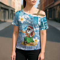 Hawaii Mele Kalikimaka Cross Shoulder Shirt Hula Santa Retro Style Blue - Polynesian Pride