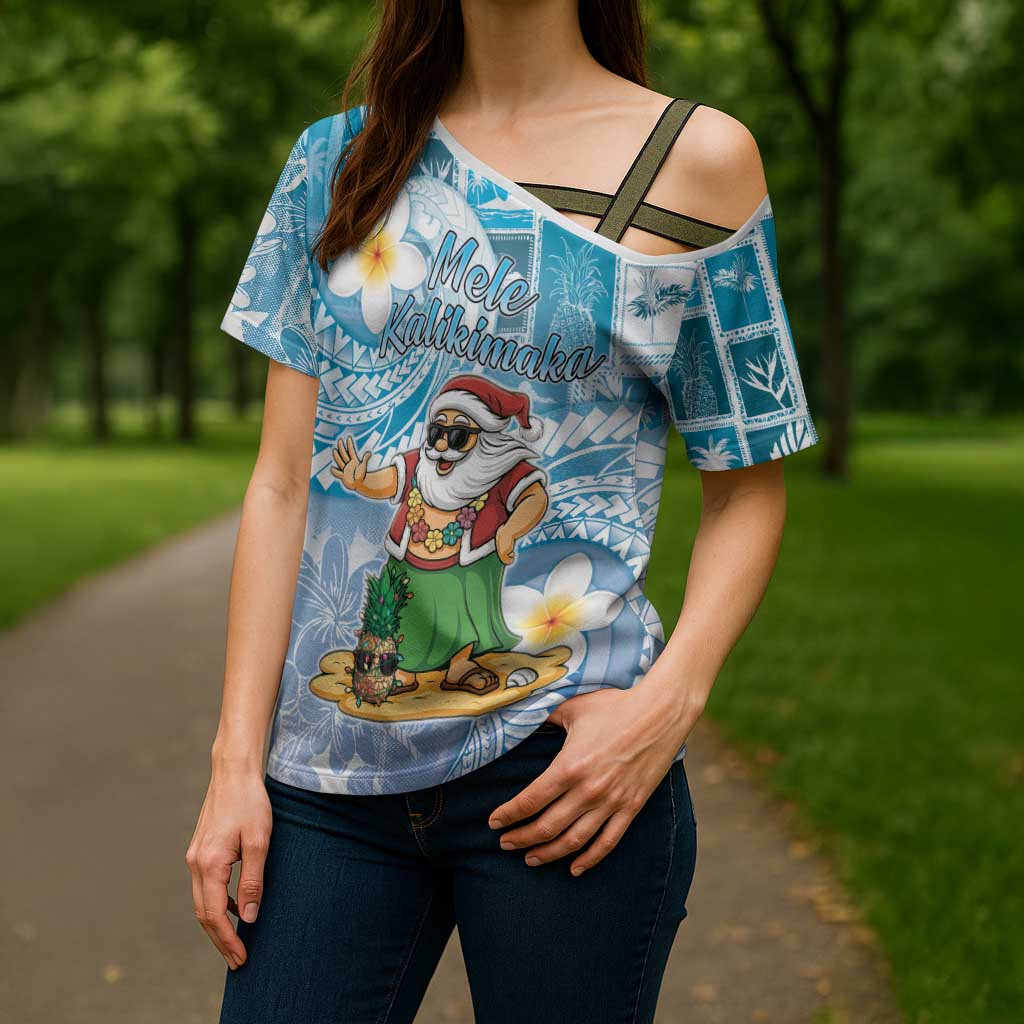 Hawaii Mele Kalikimaka Cross Shoulder Shirt Hula Santa Retro Style Blue - Polynesian Pride
