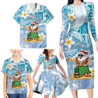 Hawaii Mele Kalikimaka Family Matching Long Sleeve Bodycon Dress and Hawaiian Shirt Hula Santa Retro Style Blue - Polynesian Pride