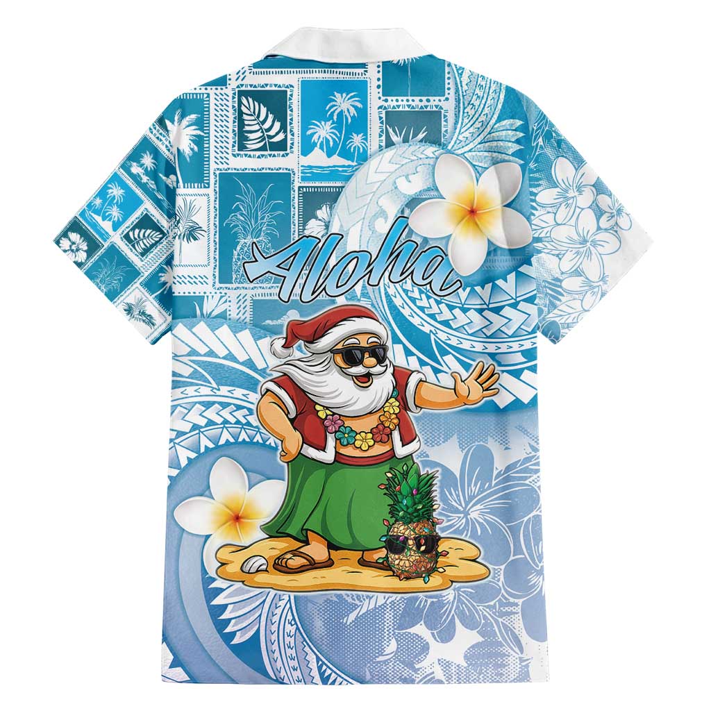 Hawaii Mele Kalikimaka Family Matching Long Sleeve Bodycon Dress and Hawaiian Shirt Hula Santa Retro Style Blue - Polynesian Pride
