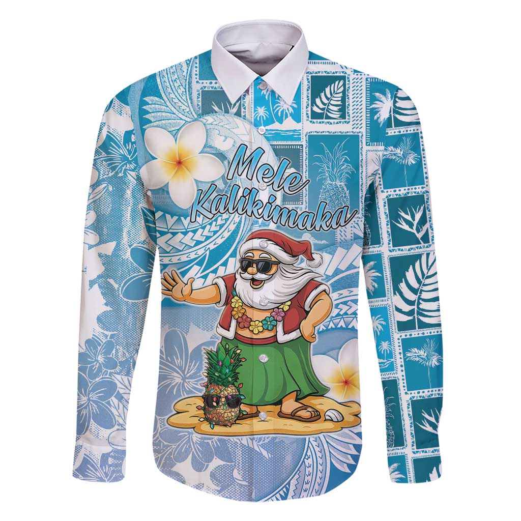 Hawaii Mele Kalikimaka Family Matching Long Sleeve Bodycon Dress and Hawaiian Shirt Hula Santa Retro Style Blue - Polynesian Pride
