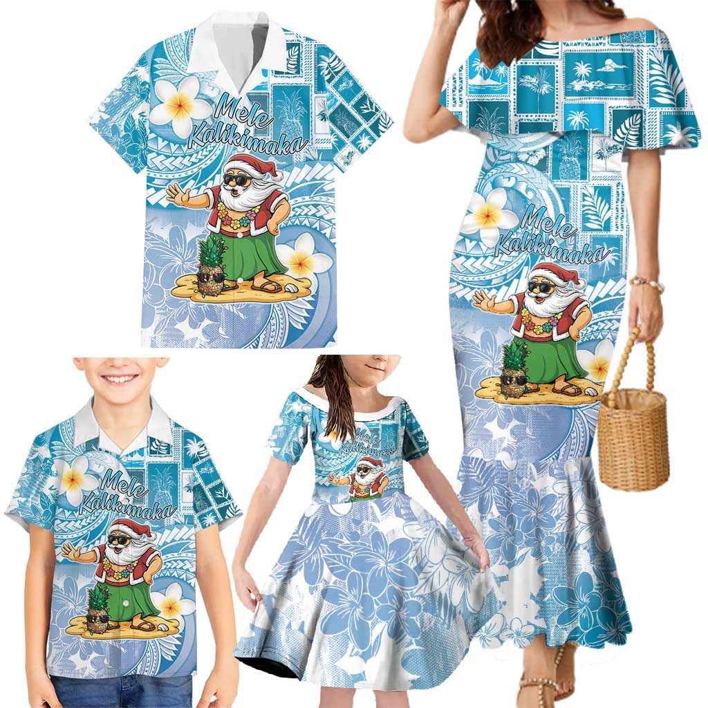 Hawaii Mele Kalikimaka Family Matching Mermaid Dress and Hawaiian Shirt Hula Santa Retro Style Blue - Polynesian Pride