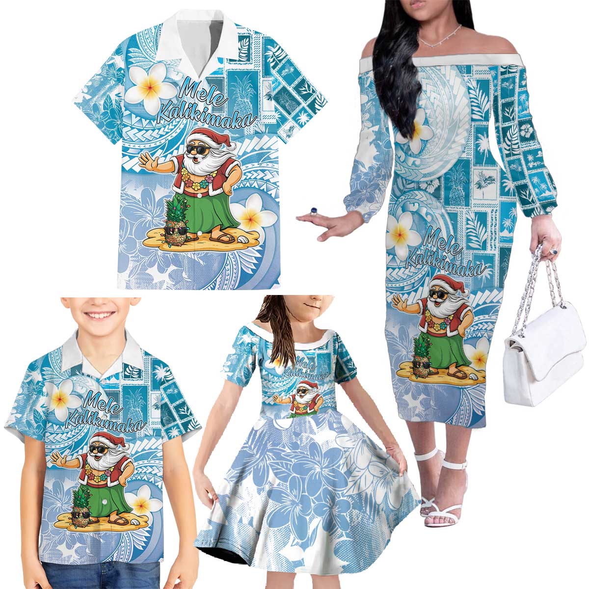 Hawaii Mele Kalikimaka Family Matching Off The Shoulder Long Sleeve Dress and Hawaiian Shirt Hula Santa Retro Style Blue - Polynesian Pride