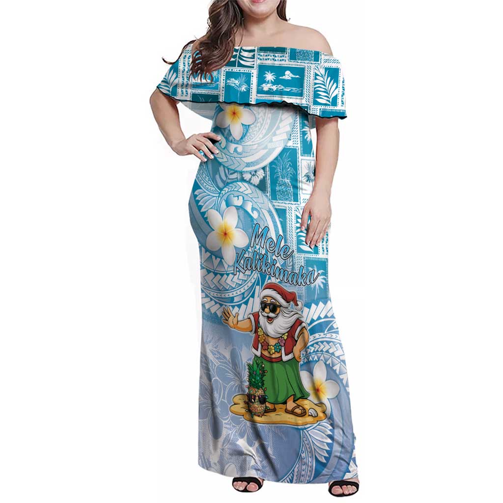 Hawaii Mele Kalikimaka Family Matching Off Shoulder Maxi Dress and Hawaiian Shirt Hula Santa Retro Style Blue - Polynesian Pride