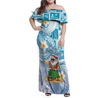 Hawaii Mele Kalikimaka Family Matching Off Shoulder Maxi Dress and Hawaiian Shirt Hula Santa Retro Style Blue - Polynesian Pride