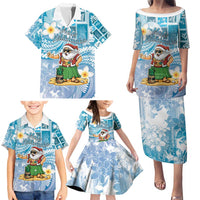 Hawaii Mele Kalikimaka Family Matching Puletasi and Hawaiian Shirt Hula Santa Retro Style Blue - Polynesian Pride