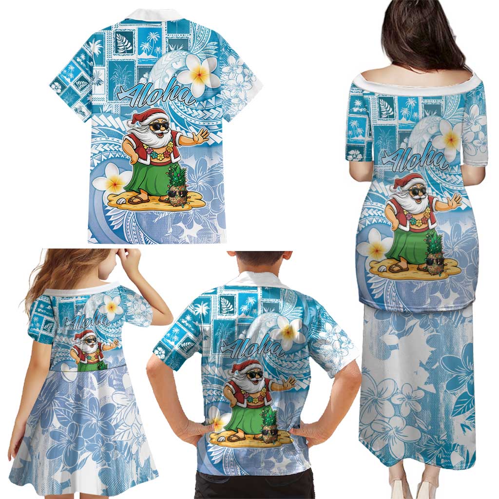 Hawaii Mele Kalikimaka Family Matching Puletasi and Hawaiian Shirt Hula Santa Retro Style Blue - Polynesian Pride