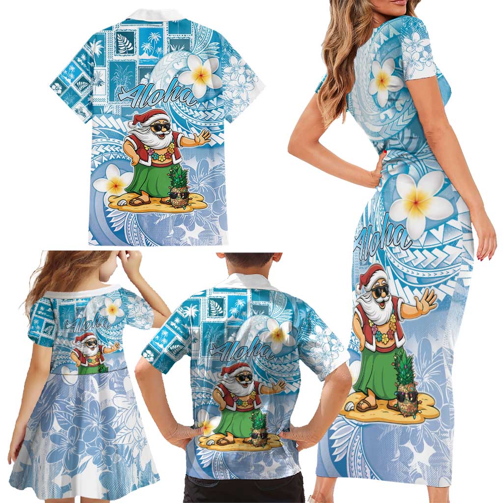 Hawaii Mele Kalikimaka Family Matching Short Sleeve Bodycon Dress and Hawaiian Shirt Hula Santa Retro Style Blue - Polynesian Pride