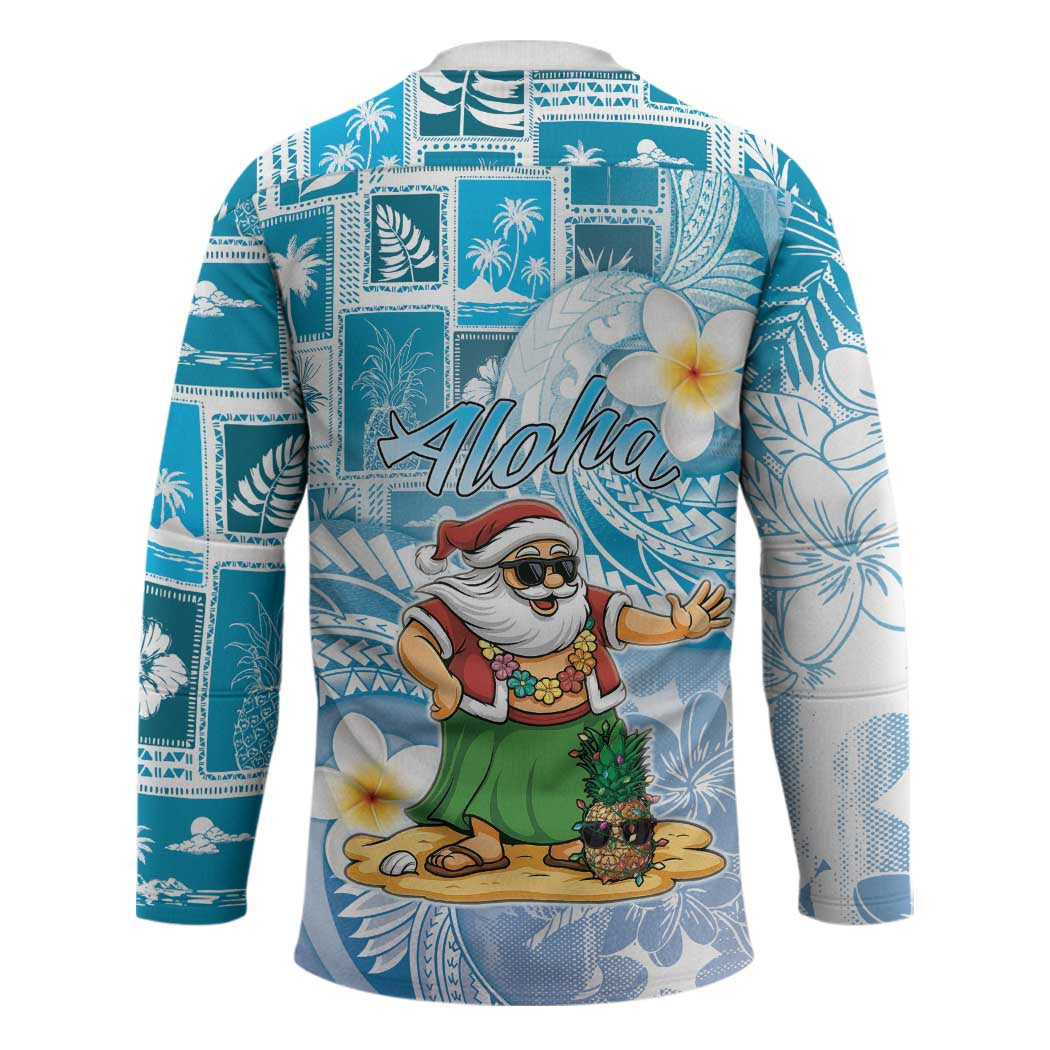 Hawaii Mele Kalikimaka Hockey Jersey Hula Santa Retro Style Blue - Polynesian Pride