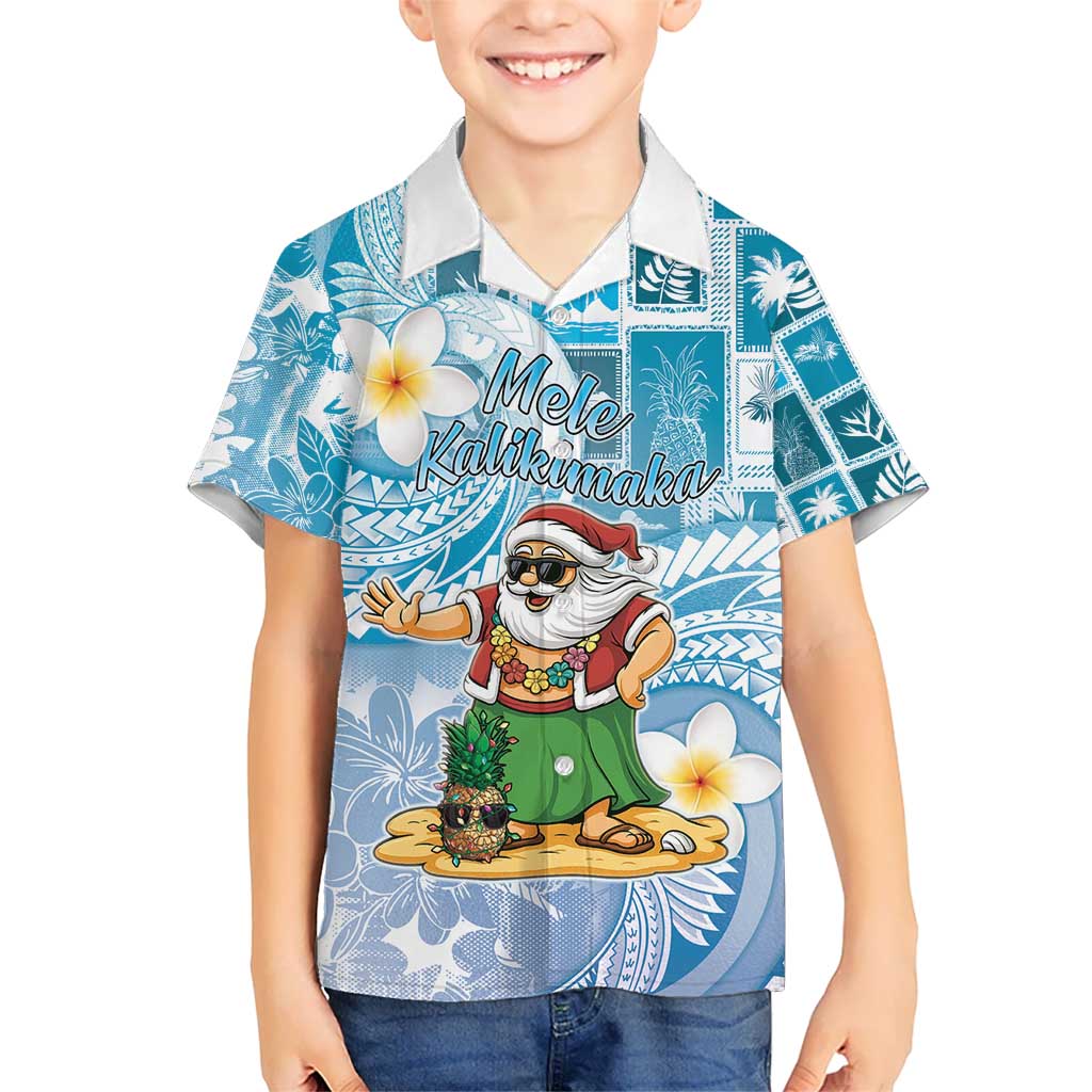 Hawaii Mele Kalikimaka Kid Hawaiian Shirt Hula Santa Retro Style Blue - Polynesian Pride