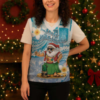 Hawaii Mele Kalikimaka Christmas Knitted V-Neck Vest Hula Santa Retro Style Blue - Polynesian Pride