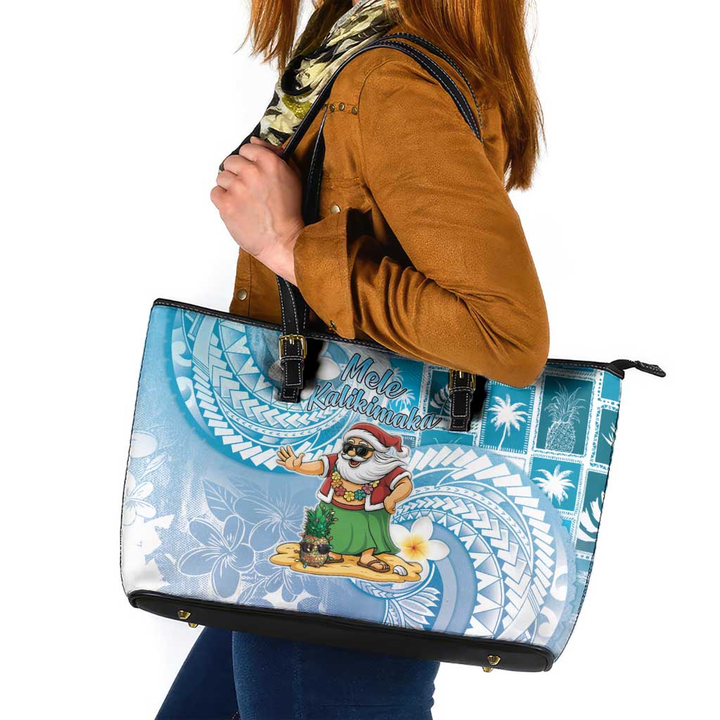 Hawaii Mele Kalikimaka Leather Tote Bag Hula Santa Retro Style Blue - Polynesian Pride