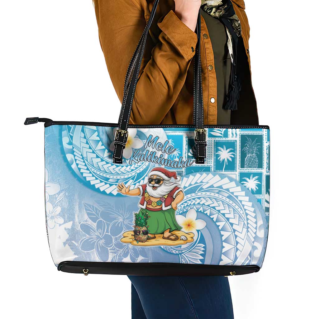 Hawaii Mele Kalikimaka Leather Tote Bag Hula Santa Retro Style Blue - Polynesian Pride