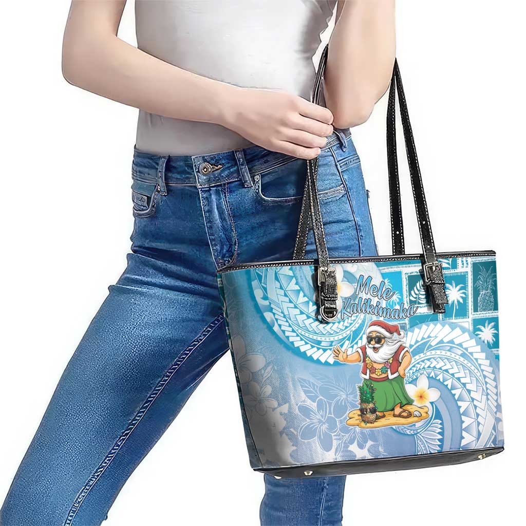 Hawaii Mele Kalikimaka Leather Tote Bag Hula Santa Retro Style Blue - Polynesian Pride