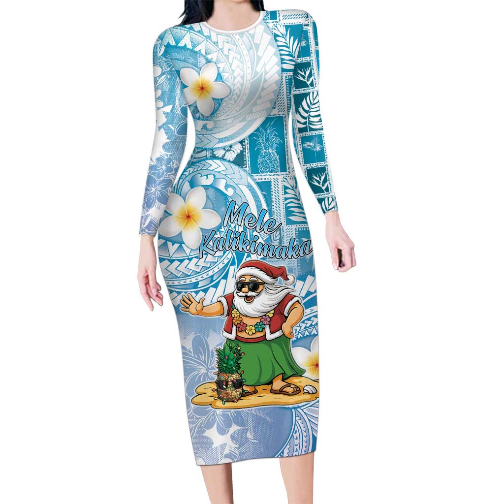 Hawaii Mele Kalikimaka Long Sleeve Bodycon Dress Hula Santa Retro Style Blue - Polynesian Pride