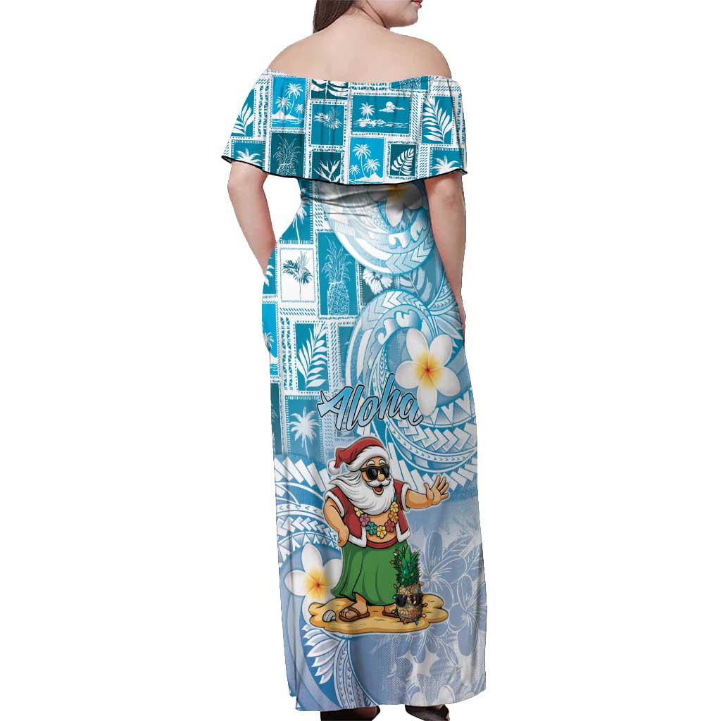 Hawaii Mele Kalikimaka Off Shoulder Maxi Dress Hula Santa Retro Style Blue - Polynesian Pride