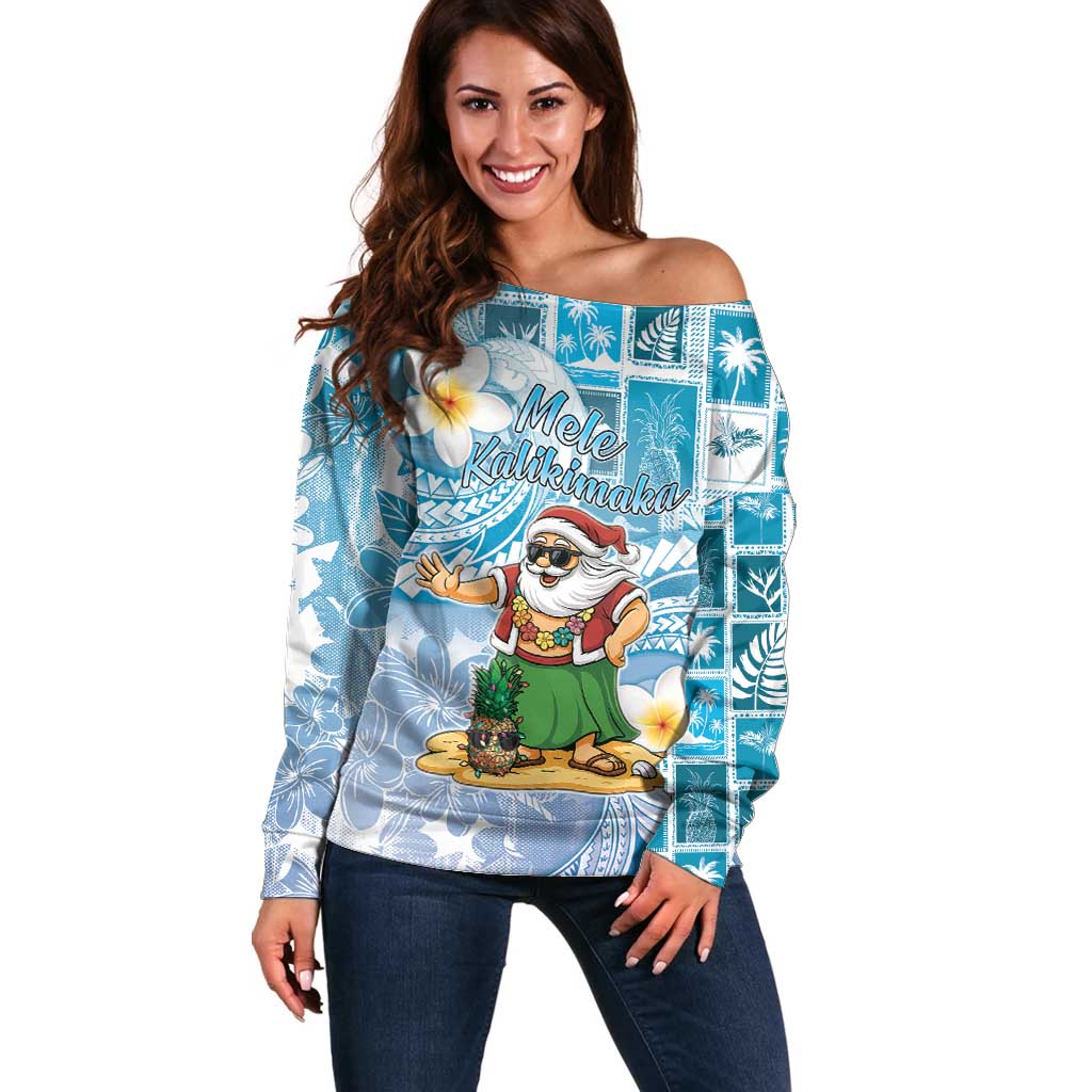 Hawaii Mele Kalikimaka Off Shoulder Sweater Hula Santa Retro Style Blue - Polynesian Pride