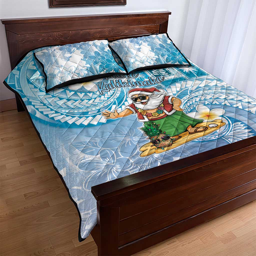 Hawaii Mele Kalikimaka Quilt Bed Set Hula Santa Retro Style Blue - Polynesian Pride
