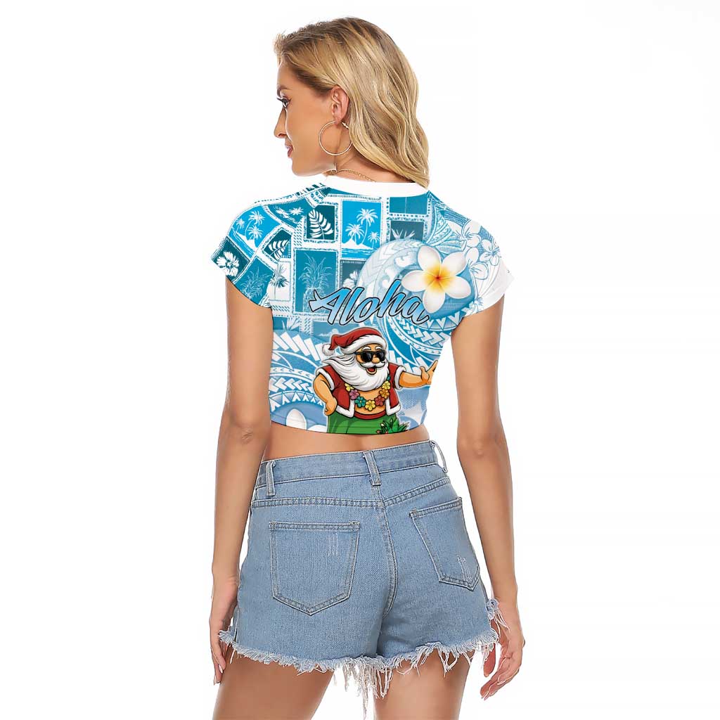 Hawaii Mele Kalikimaka Raglan Cropped T Shirt Hula Santa Retro Style Blue - Polynesian Pride
