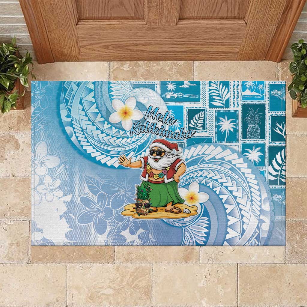 Hawaii Mele Kalikimaka Rubber Doormat Hula Santa Retro Style Blue - Polynesian Pride