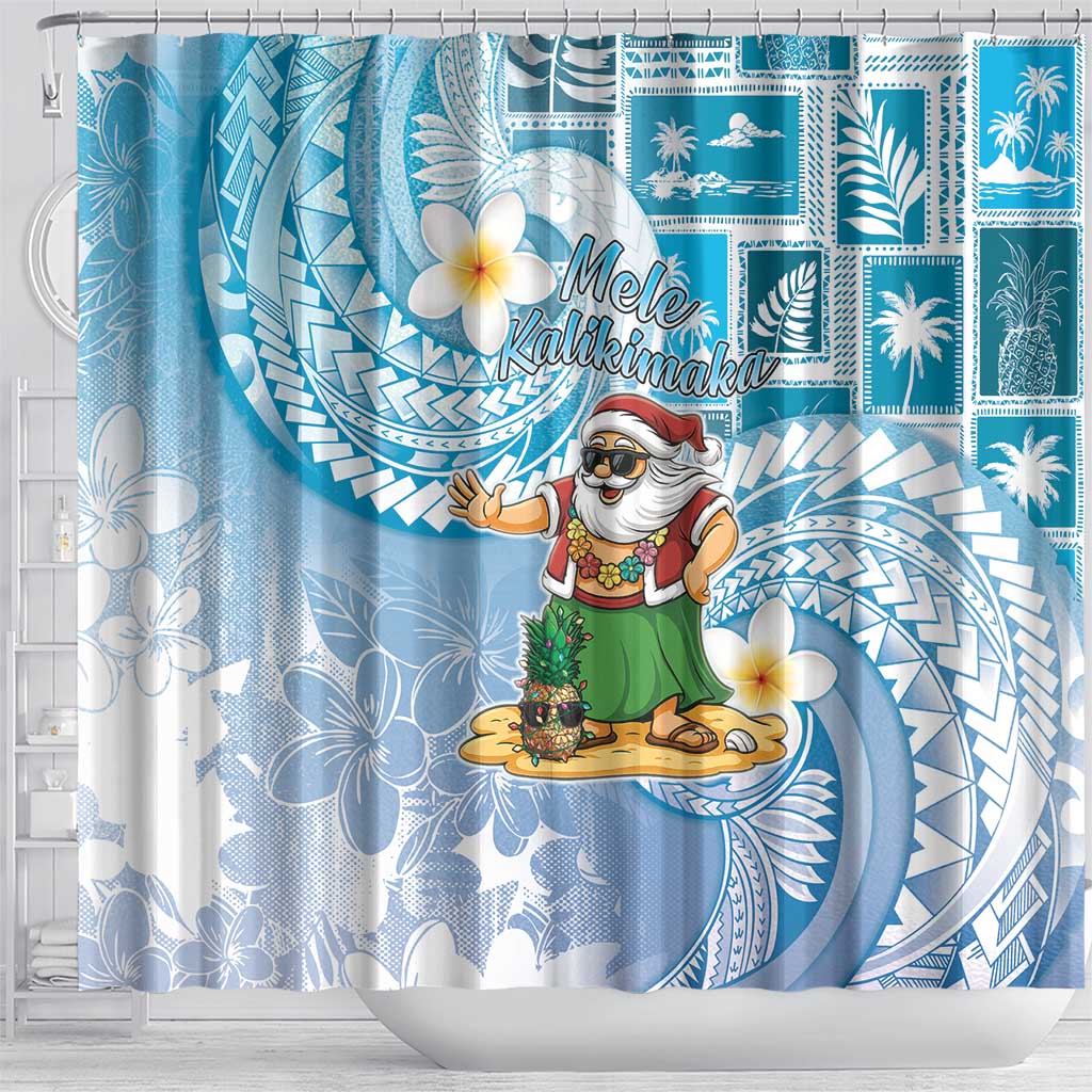 Hawaii Mele Kalikimaka Shower Curtain Hula Santa Retro Style Blue - Polynesian Pride