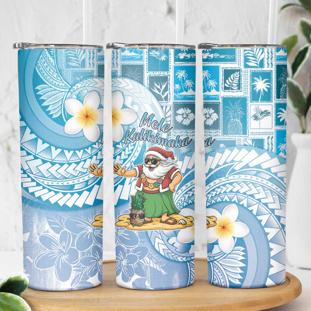 Hawaii Mele Kalikimaka Skinny Tumbler Hula Santa Retro Style Blue - Polynesian Pride