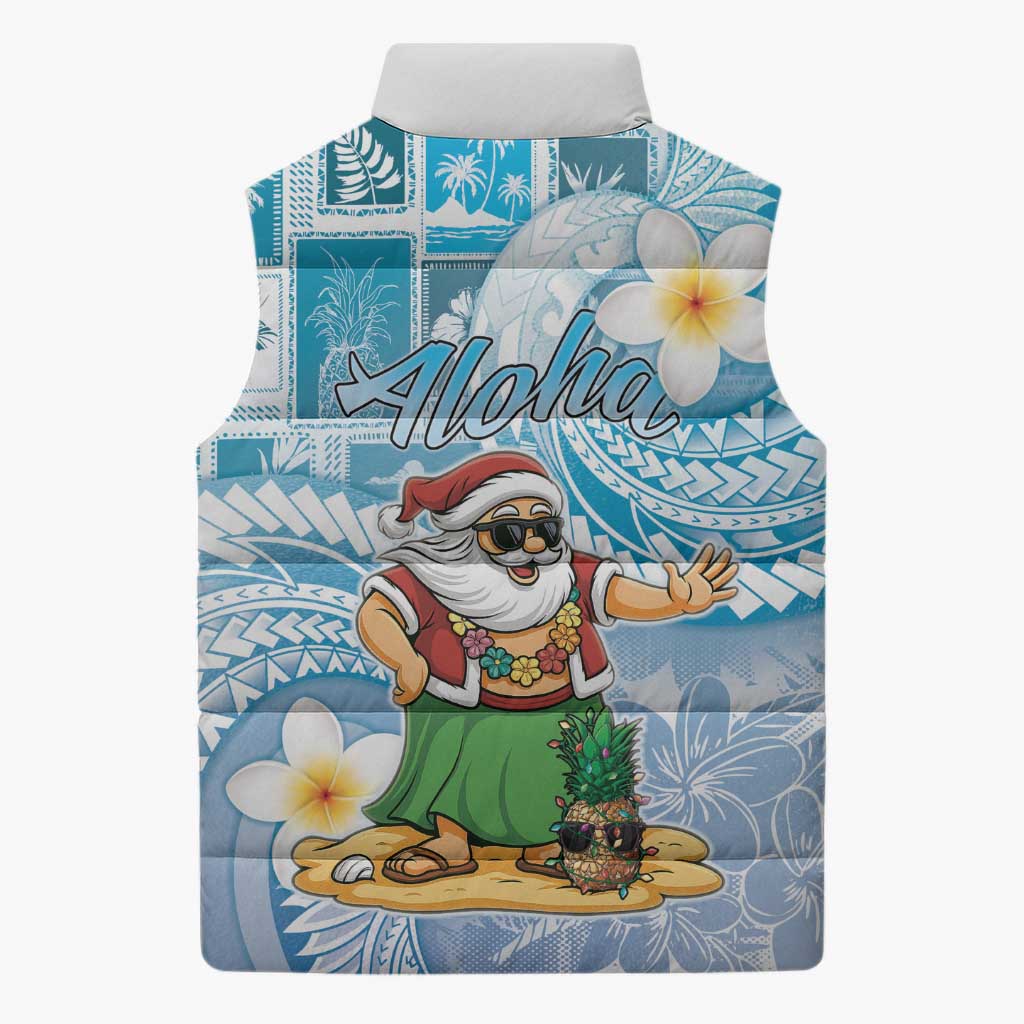 Hawaii Mele Kalikimaka Sleeveless Puffer Jacket Hula Santa Retro Style Blue - Polynesian Pride