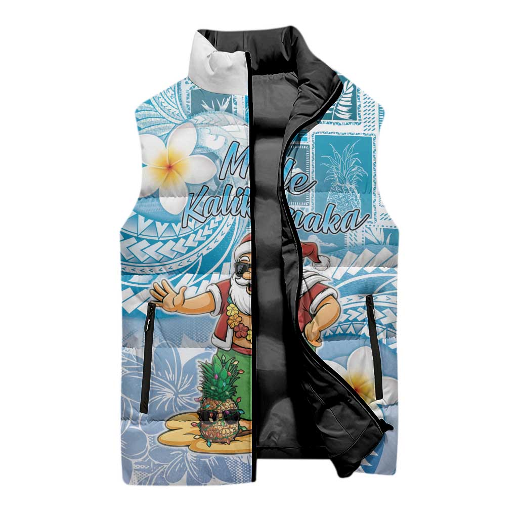 Hawaii Mele Kalikimaka Sleeveless Puffer Jacket Hula Santa Retro Style Blue - Polynesian Pride