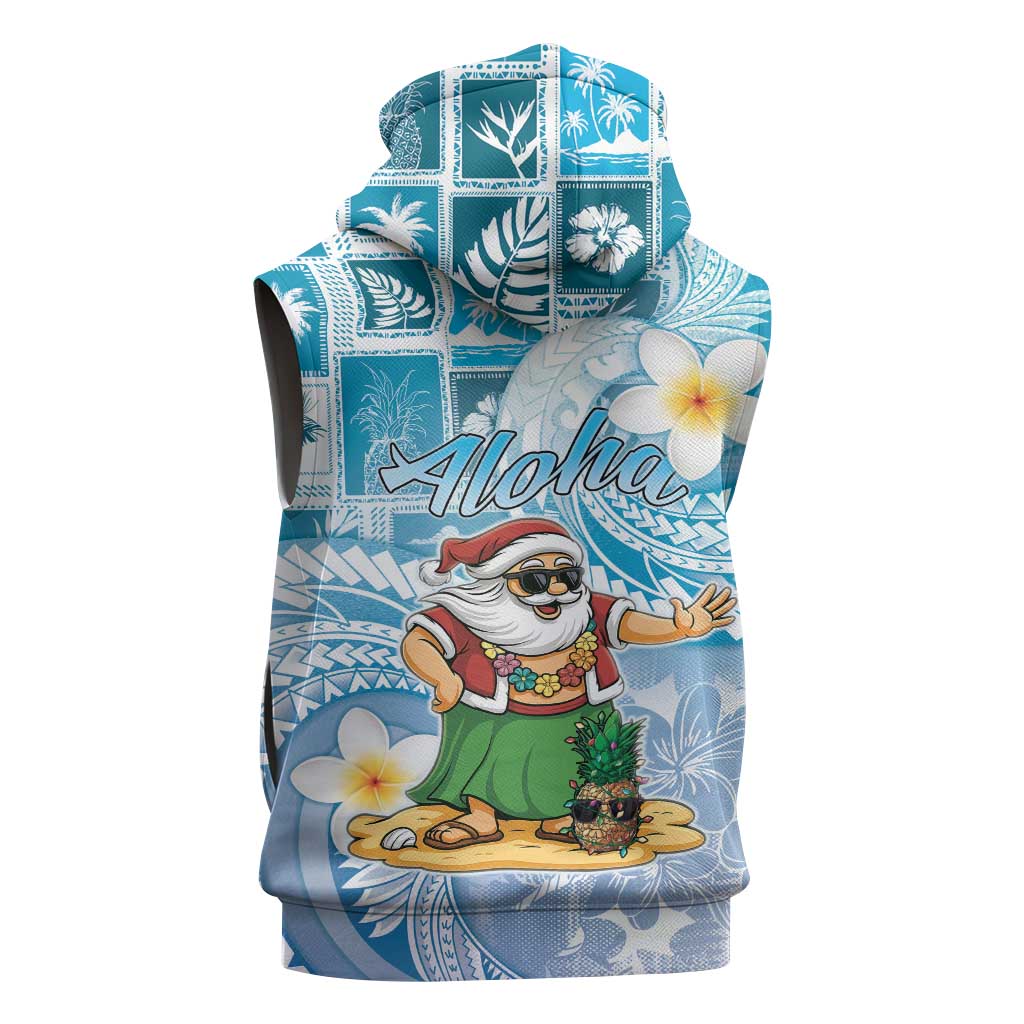 Hawaii Mele Kalikimaka Sleeveless Zip Hoodie Hula Santa Retro Style Blue - Polynesian Pride