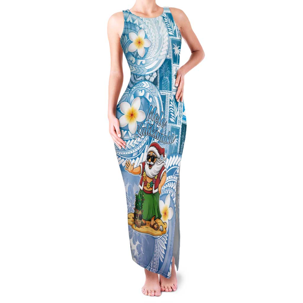 Hawaii Mele Kalikimaka Tank Maxi Dress Hula Santa Retro Style Blue - Polynesian Pride