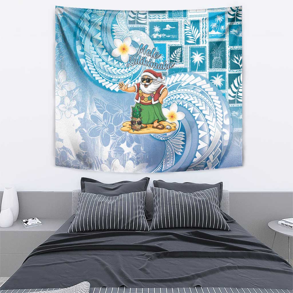 Hawaii Mele Kalikimaka Tapestry Hula Santa Retro Style Blue - Polynesian Pride