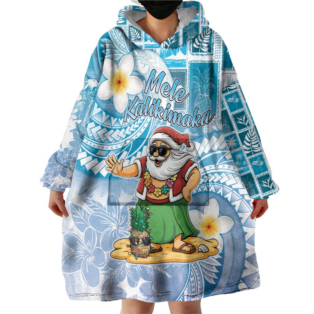 Hawaii Mele Kalikimaka Wearable Blanket Hoodie Hula Santa Retro Style Blue - Polynesian Pride