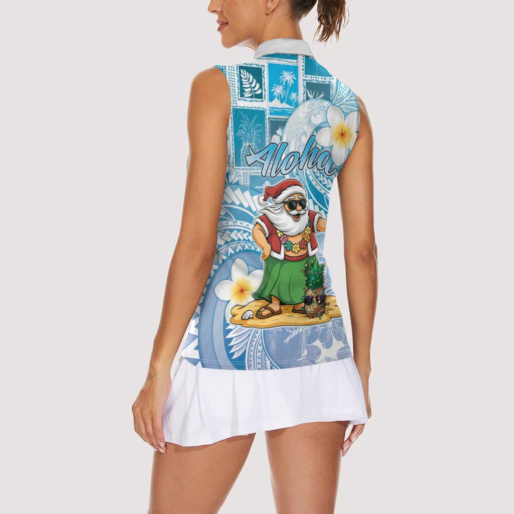 Hawaii Mele Kalikimaka Women Sleeveless Polo Shirt Hula Santa Retro Style Blue - Polynesian Pride