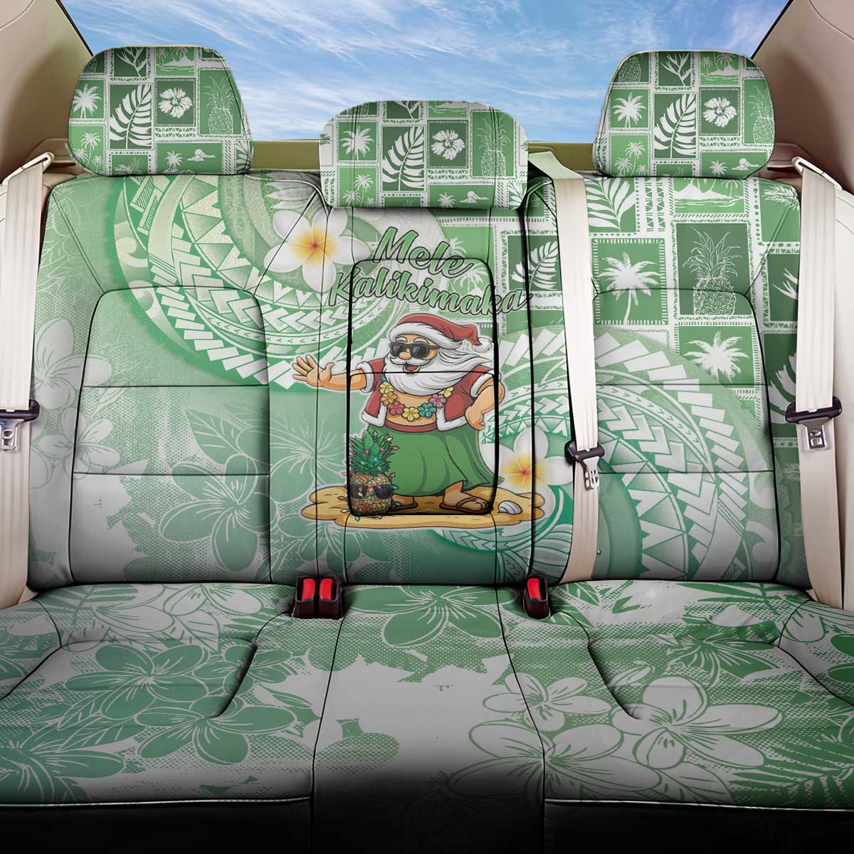 Hawaii Mele Kalikimaka Back Car Seat Cover Hula Santa Retro Style Green - Polynesian Pride
