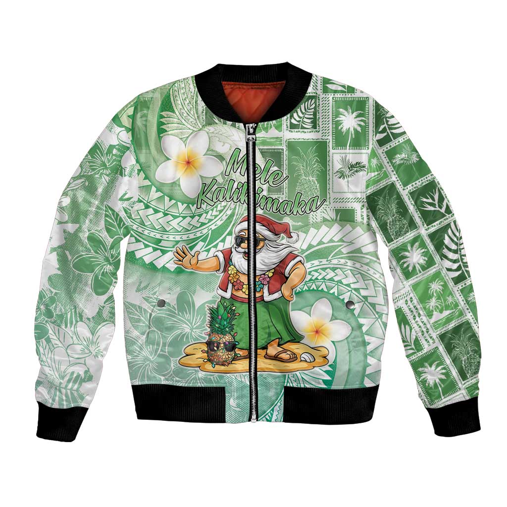Hawaii Mele Kalikimaka Bomber Jacket Hula Santa Retro Style Green - Polynesian Pride