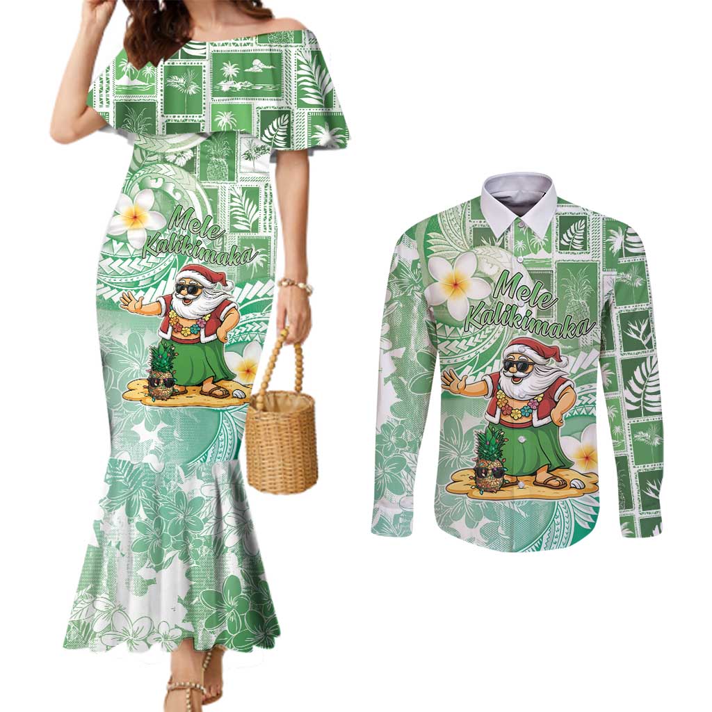 Hawaii Mele Kalikimaka Couples Matching Mermaid Dress and Long Sleeve Button Shirt Hula Santa Retro Style Green - Polynesian Pride