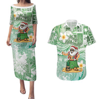Hawaii Mele Kalikimaka Couples Matching Puletasi and Hawaiian Shirt Hula Santa Retro Style Green - Polynesian Pride